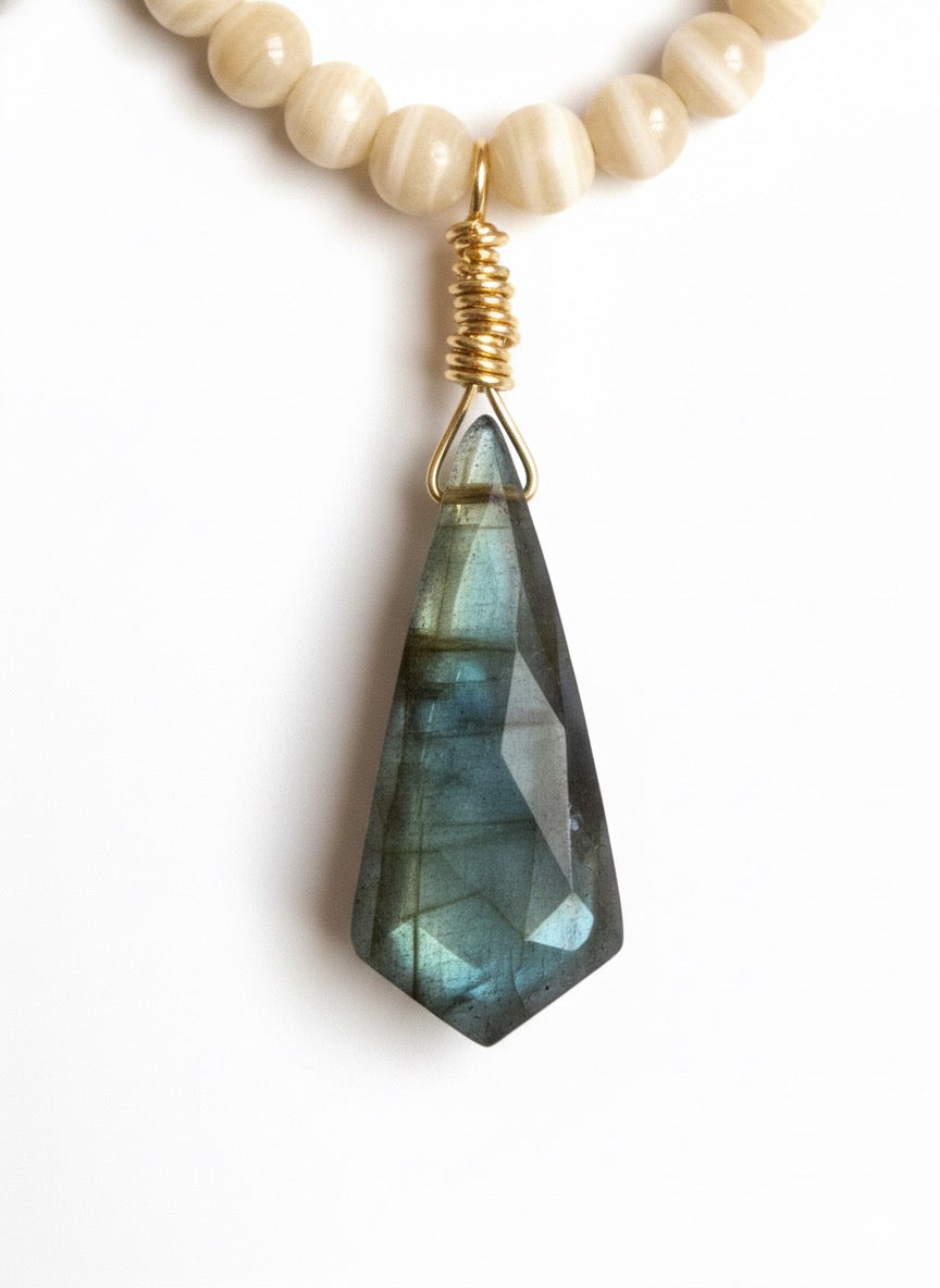 Natural labradorite beads ivory cat eye necklace - mystical flash gemstone pendant