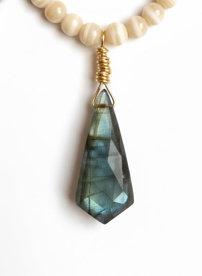 Natural labradorite beads ivory cat eye necklace - mystical flash gemstone pendant