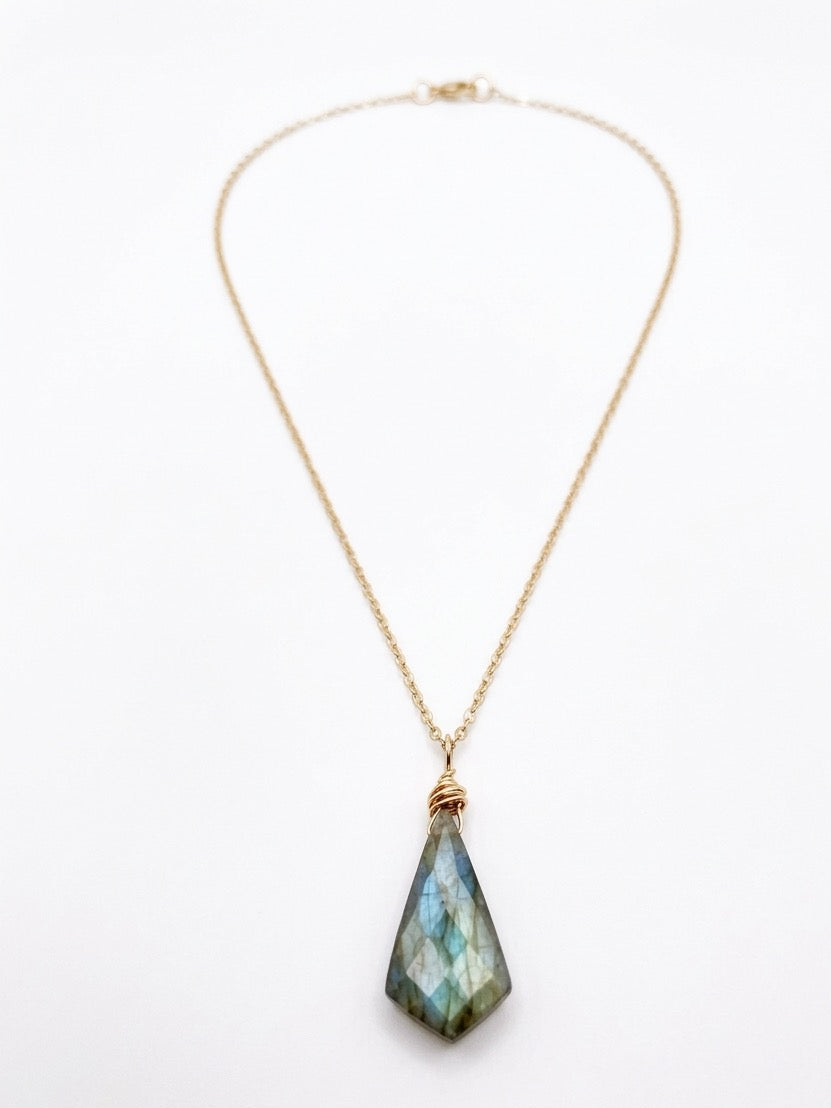 Natural labradorite briolette pendant close-up, 28mm x 13mm x 6mm gemstone