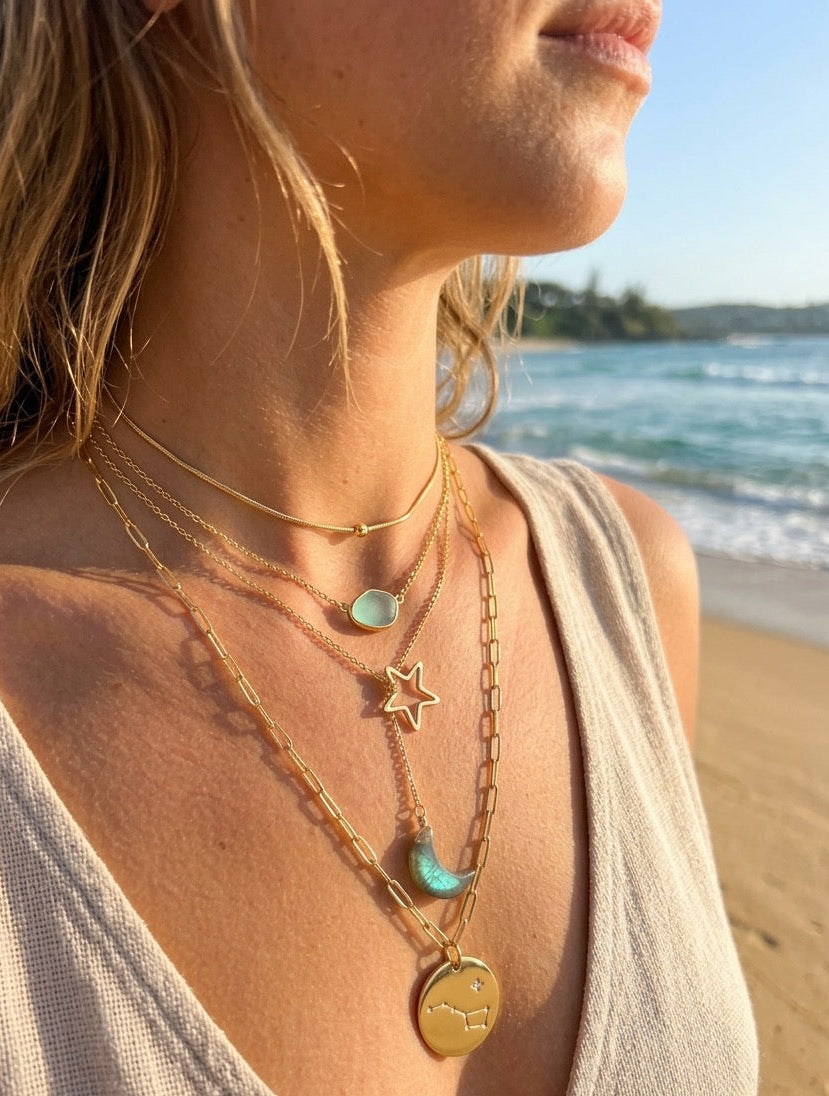 Natural labradorite crescent moon lariat necklace on model, gold filled celestial jewelry