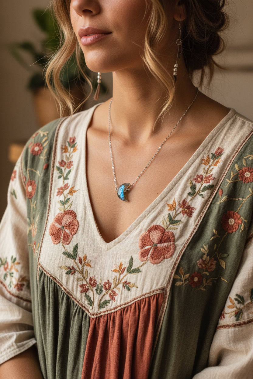 Natural labradorite moon necklace 14k gold filled - AAA hand carved transformation stone