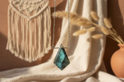 Natural labradorite pendant necklace - raw crystal point with rainbow iridescence