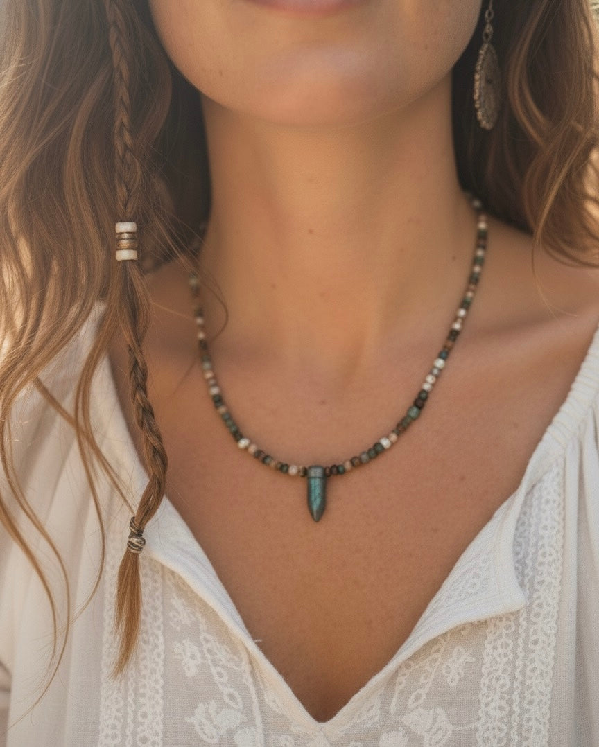 Natural labradorite pendant necklace iridescent gemstone hypoallergenic