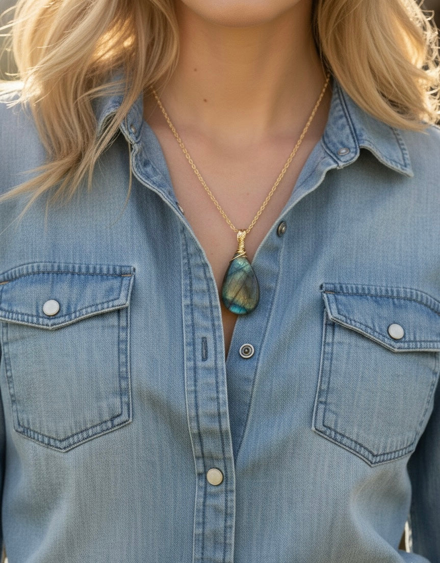 Natural labradorite teardrop pendant necklace showing rainbow iridescence - sterling silver or gold option