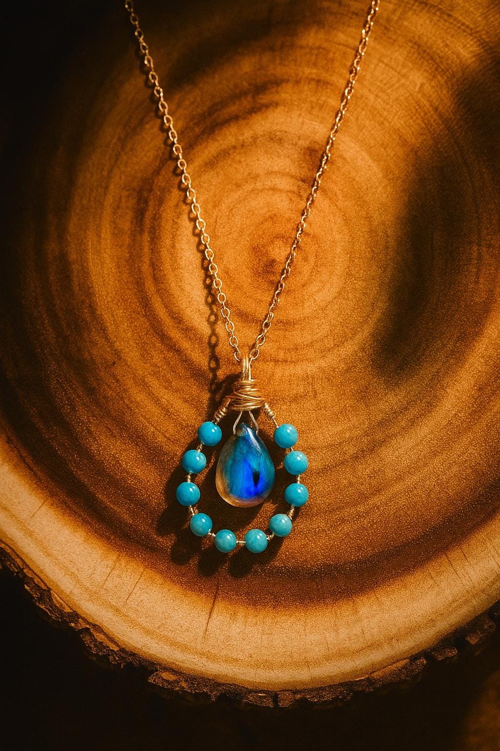 Natural labradorite turquoise pendant necklace - boho gemstone jewelry gift for her