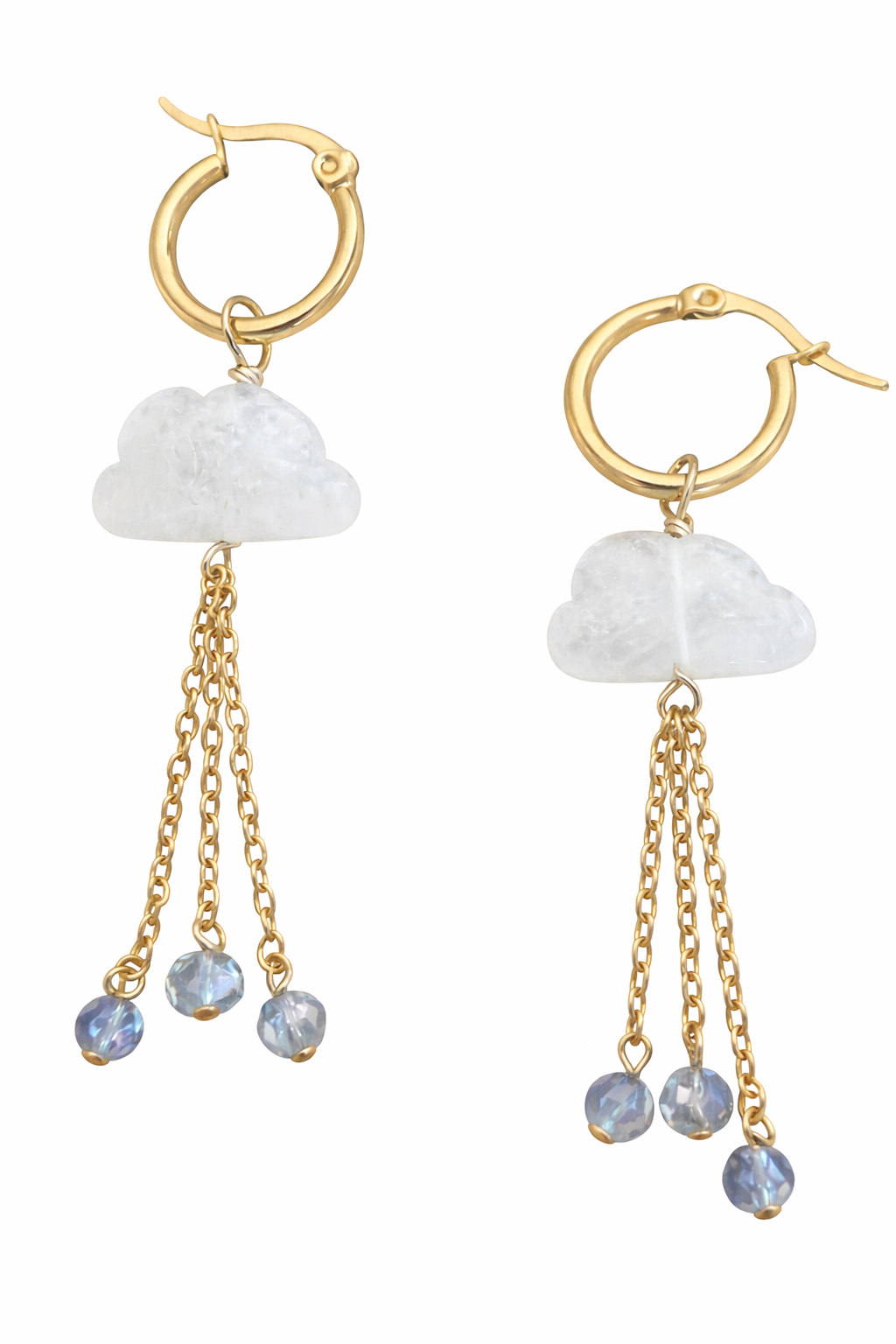 Natural moonstone cloud earrings handmade with stainless steel - close up view showing iridescent gemstone glow

