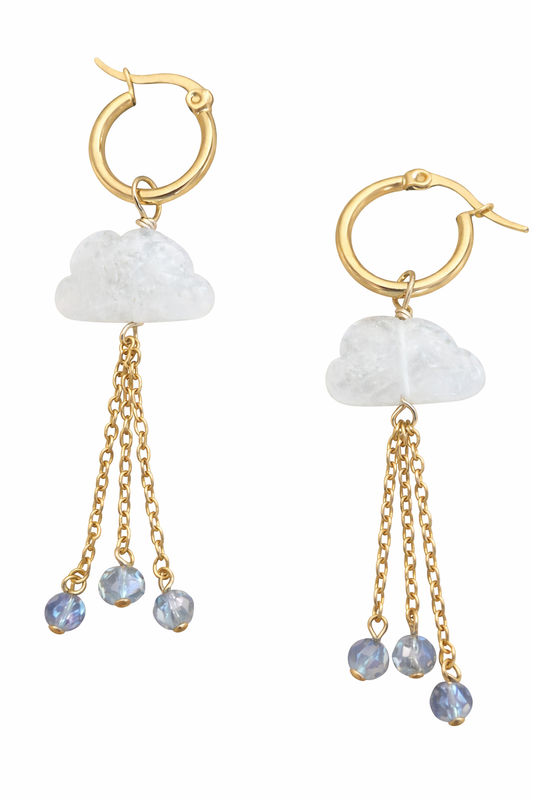 Natural moonstone cloud earrings handmade with stainless steel - close up view showing iridescent gemstone glow

