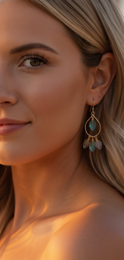 Natural moonstone and aquamarine earrings - handmade leaf shape for sensitive ears