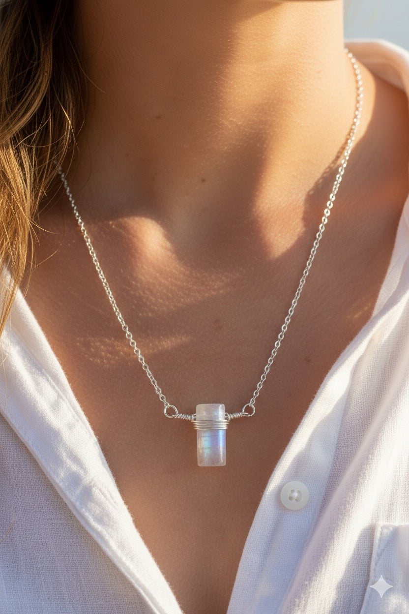Natural moonstone necklace close up - iridescent blue flash gemstone
