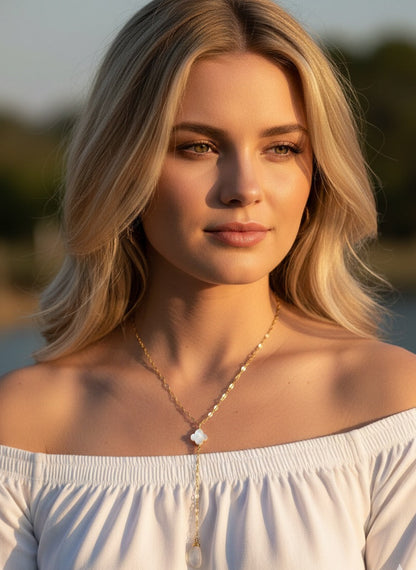 Natural moonstone teardrop pearl clover Y necklace - bridesmaid wedding gift