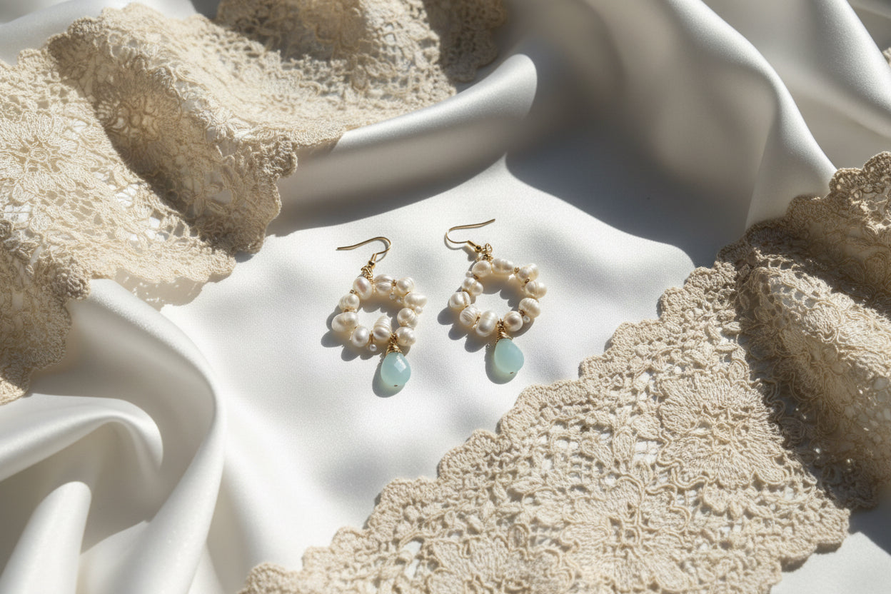 Natural pearl cluster earrings with blue aqua onyx - hypoallergenic wedding earrings