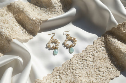 Natural pearl cluster earrings with blue aqua onyx - hypoallergenic wedding earrings