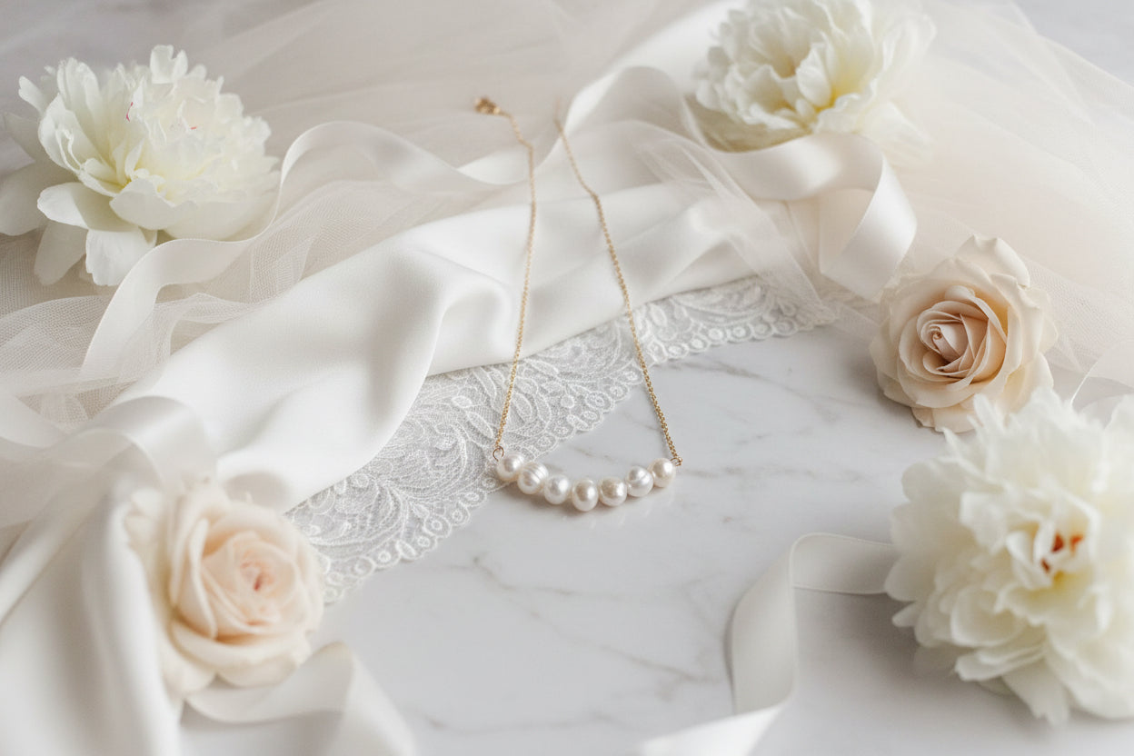 Natural pearl cluster necklace close-up - hypoallergenic bridal jewelry California made