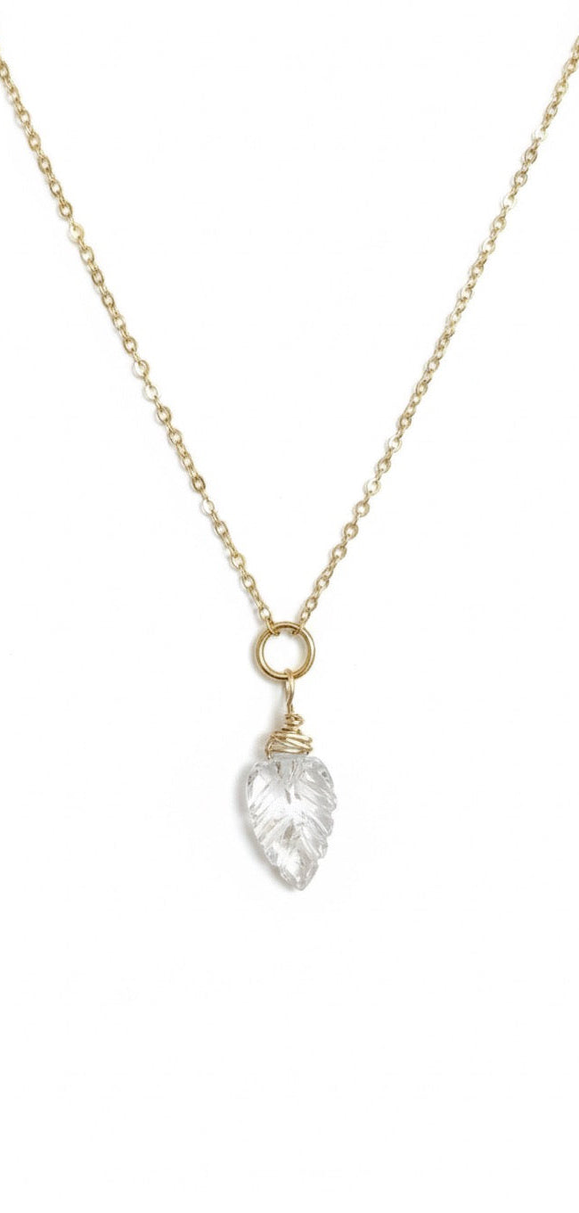 Natural quartz leaf necklace wire wrapped in 14K gold filled chain - handcrafted crystal pendant jewelry