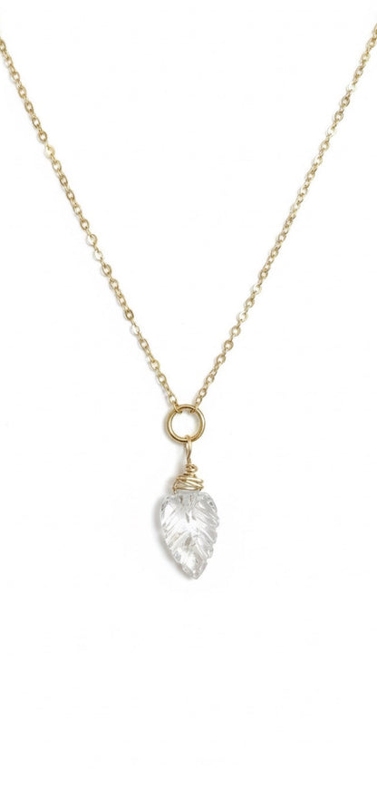 Natural quartz leaf necklace wire wrapped in 14K gold filled chain - handcrafted crystal pendant jewelry