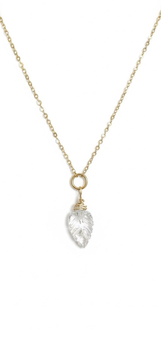 Natural quartz leaf necklace wire wrapped in 14K gold filled chain - handcrafted crystal pendant jewelry