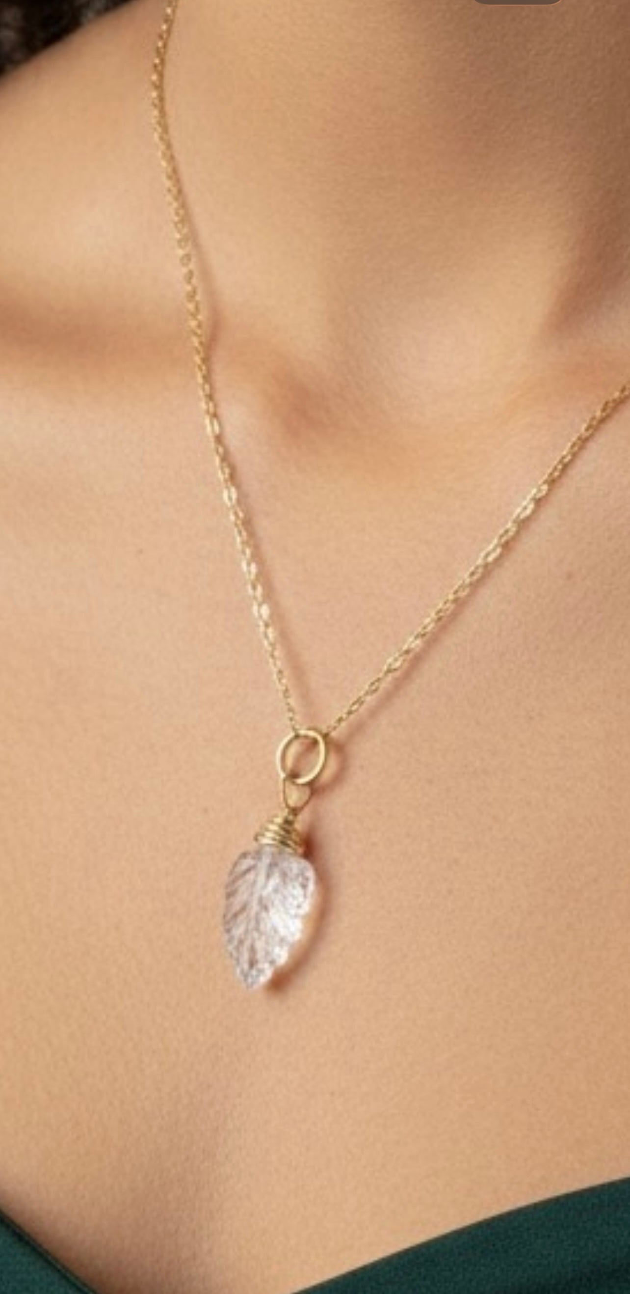 Natural quartz leaf pendant in gold or silver - California handcrafted healing crystal necklace