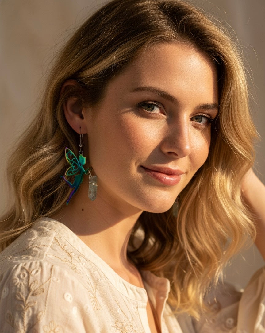 Natural raw quartz earrings close up - unique crystal formation-