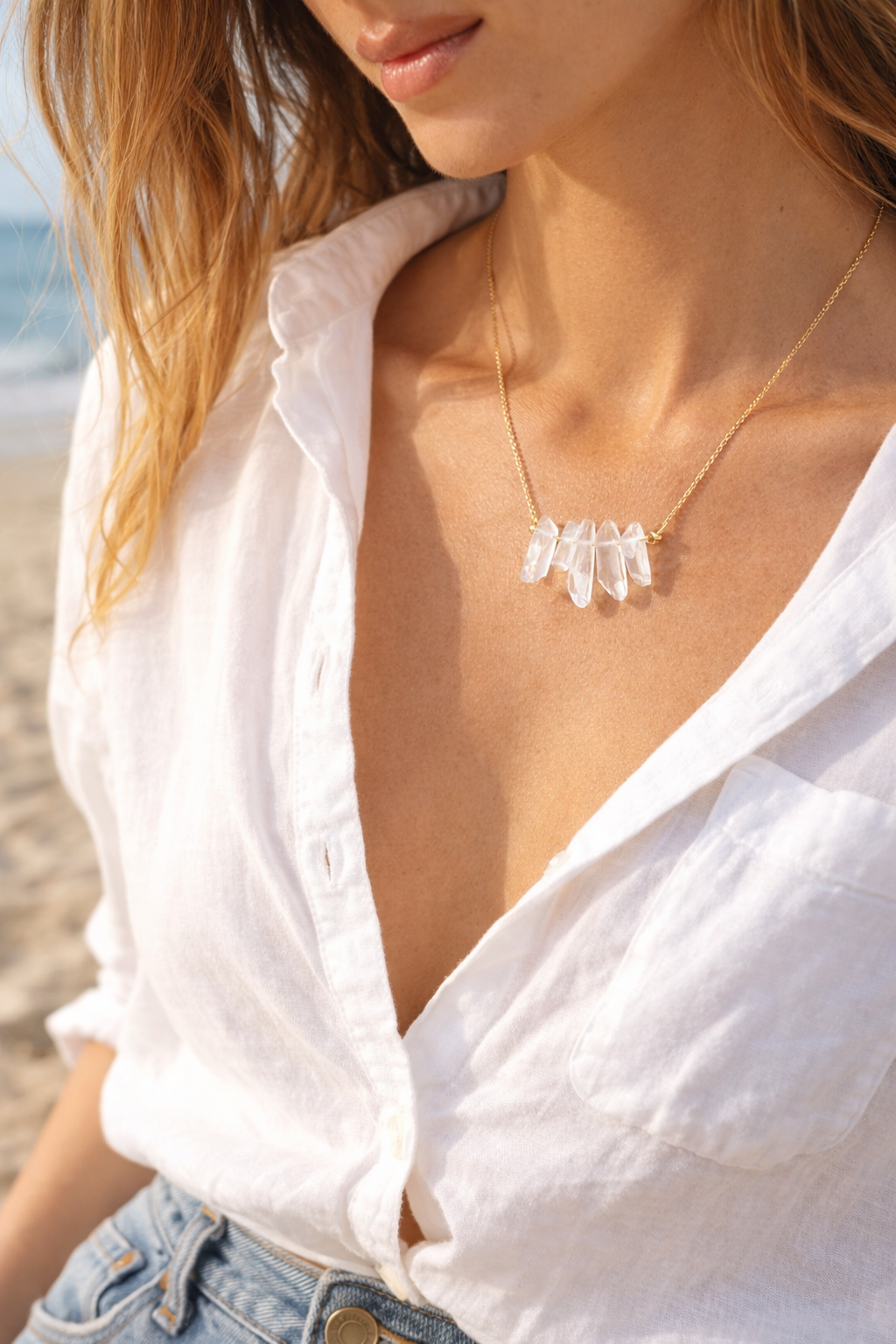 Natural raw quartz pendant necklace in sterling silver - boho healing crystal jewelry California made