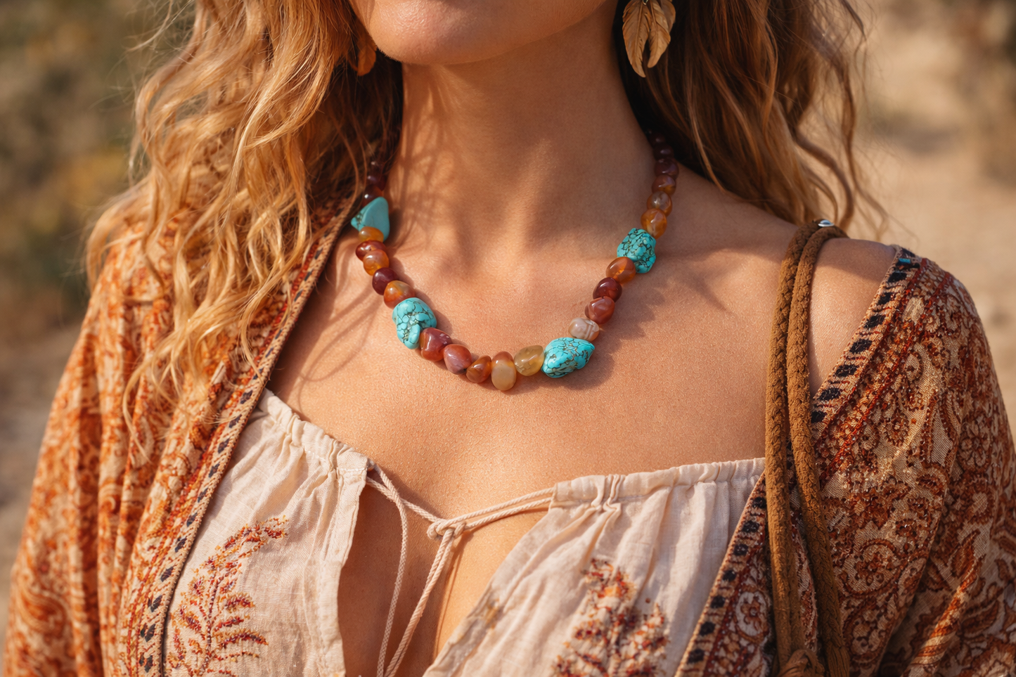 Natural red agate turquoise necklace - adjustable 18-20 inches boho gemstone jewelry