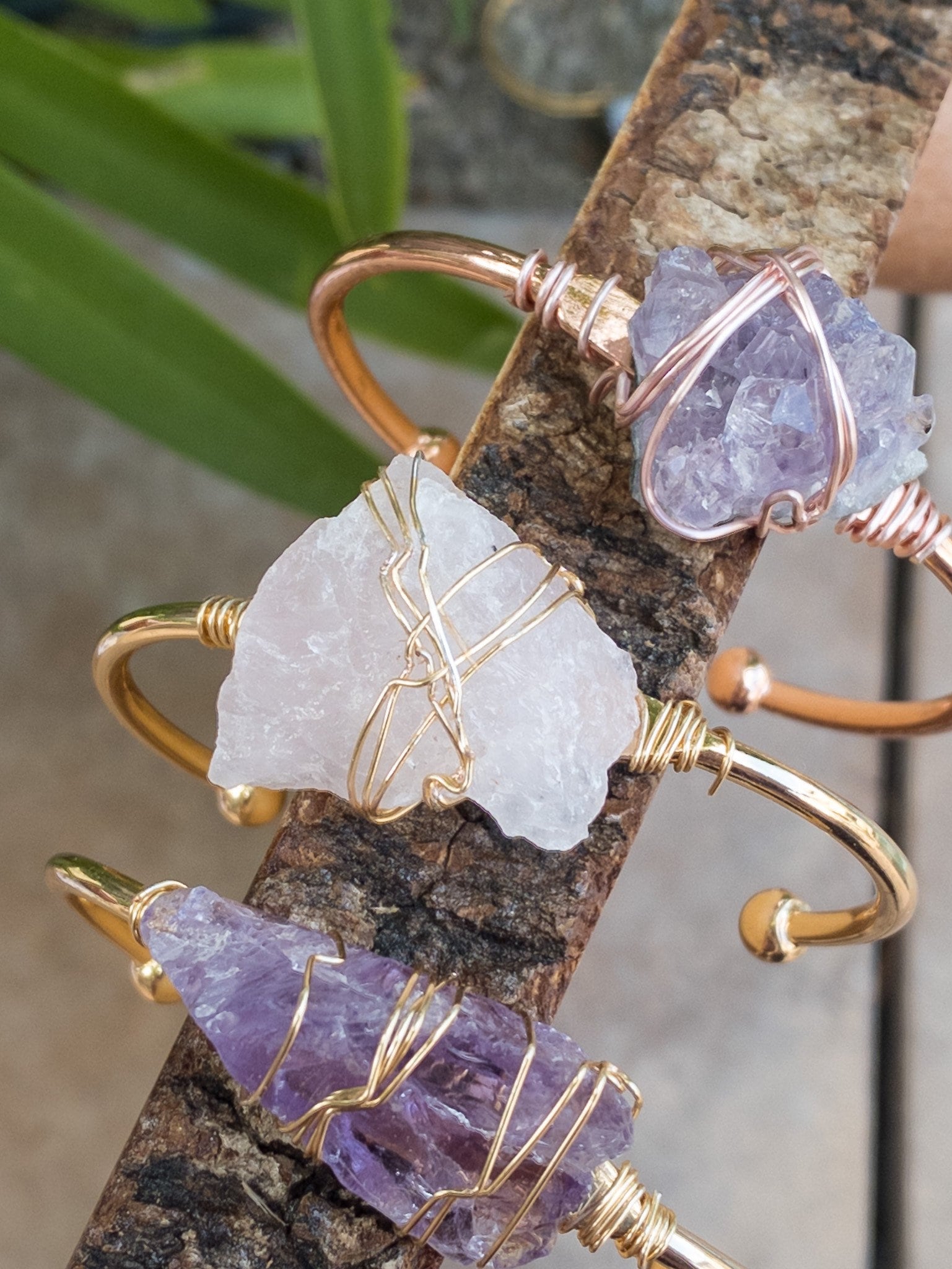 Natural rose quartz and amethyst wire wrapped bracelet in gold finish - handcrafted crystal cuff jewelry by Odella