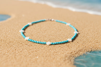 Natural shell and turquoise beaded necklace - coastal ocean inspired jewelry