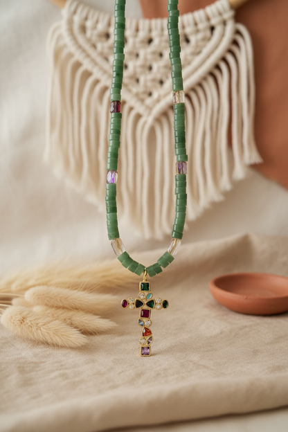 Natural stone beaded necklace crystal cross pendant