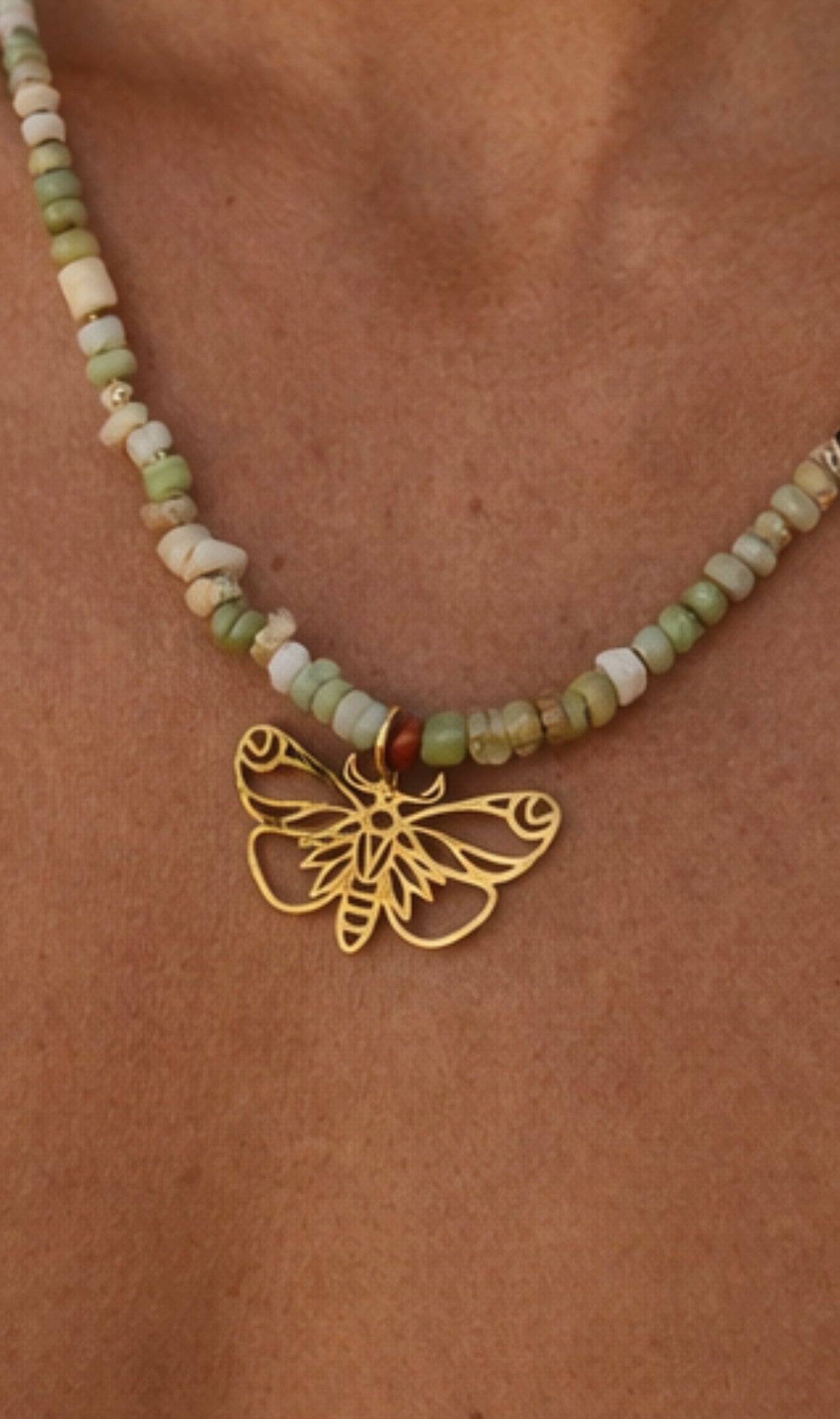 Natural stone beaded necklace with butterfly - handmade California gemstone jewelry