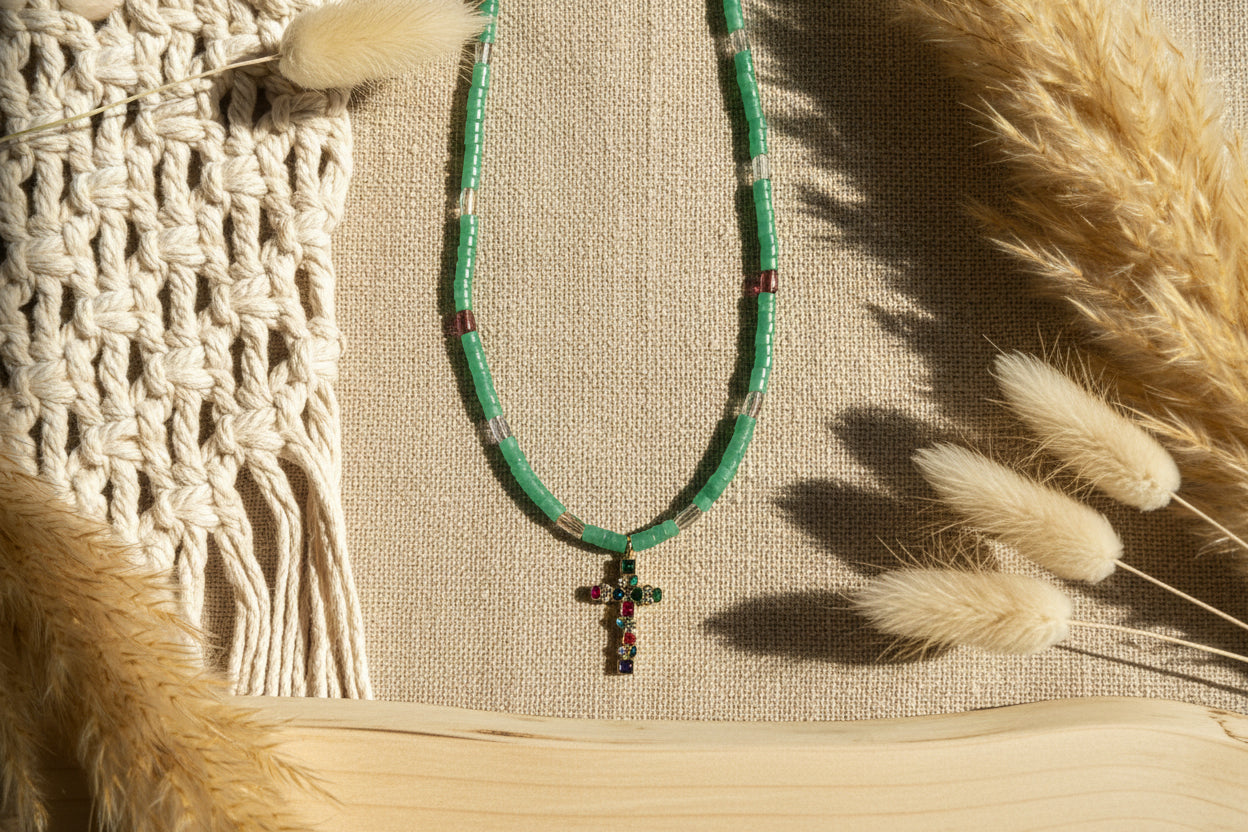 Natural stone necklace with crystal cross charm