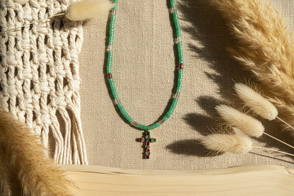 Natural stone necklace with crystal cross charm