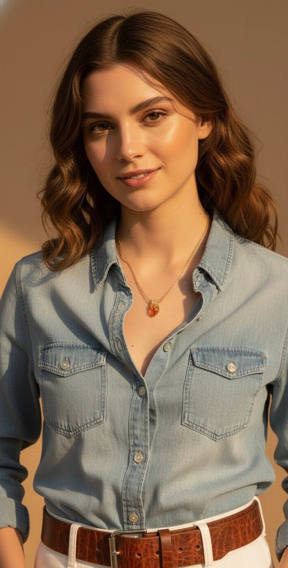 November birthstone citrine necklace - handmade raw nugget pendant on model"