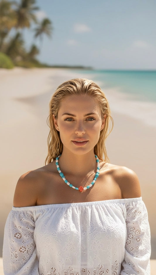 Ocean Breeze fish necklace worn - waterproof beach jewelry lifestyle shot summer style
