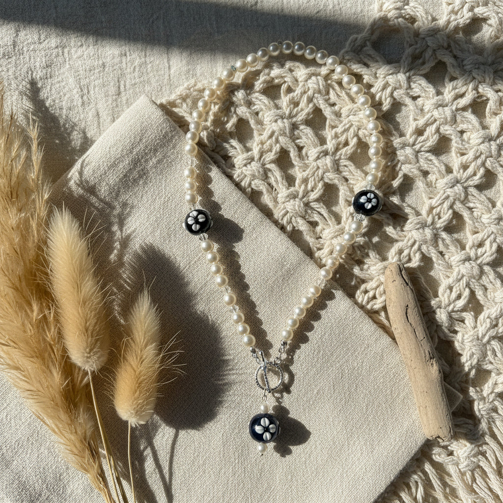One-of-a-kind pearl flower necklace with brass - bohemian statement jewelry artisan made