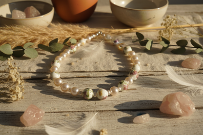 One-of-a-kind pearl flower necklace with ceramic beads - bohemian statement jewelry artisan made