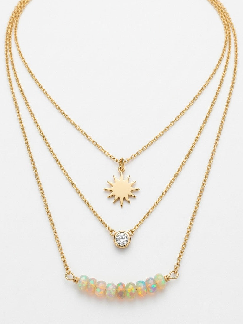 Opal gemstone necklace detail showing iridescent play-of-color and wire wrapping