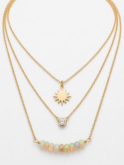 Opal gemstone necklace detail showing iridescent play-of-color and wire wrapping