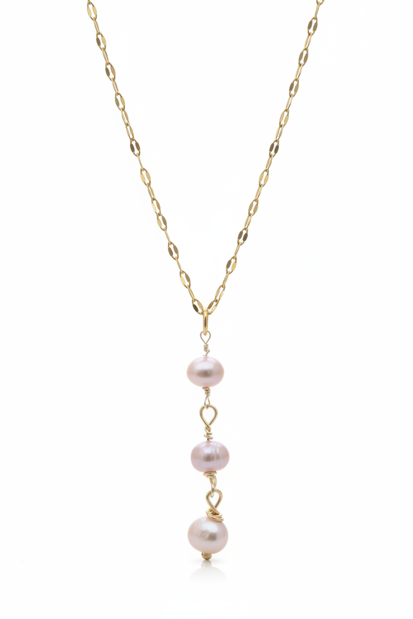 Pastel freshwater pearl lariat necklace Y-shape with three descending pearls gold chain - hypoallergenic elegant jewelry