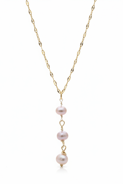 Pastel freshwater pearl lariat necklace Y-shape with three descending pearls gold chain - hypoallergenic elegant jewelry