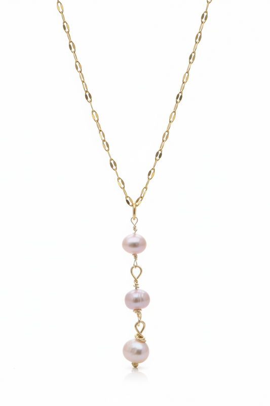Pastel freshwater pearl lariat necklace Y-shape with three descending pearls gold chain - hypoallergenic elegant jewelry