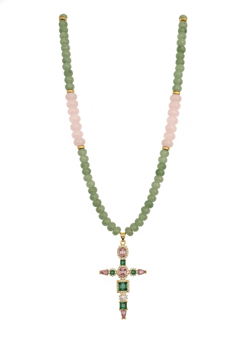 Pink and green cross necklace - rose quartz amazonite hypoallergenic jewelry