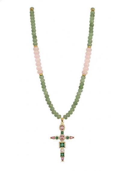 Pink and green cross necklace - rose quartz amazonite hypoallergenic jewelry