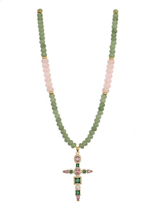 Pink and green cross necklace - rose quartz amazonite hypoallergenic jewelry