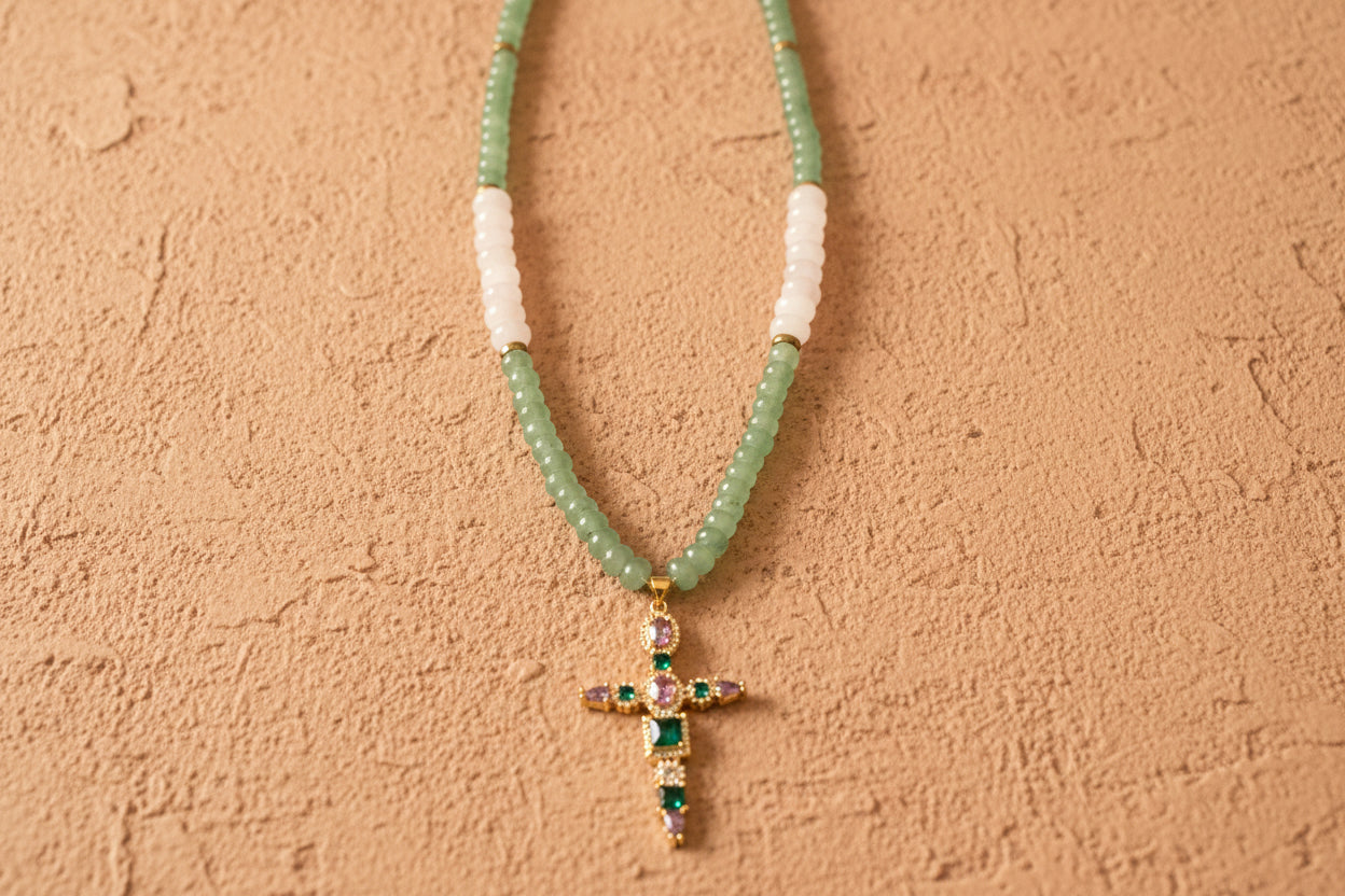 Pink green cross pendant necklace - rose quartz amazonite crystal zirconia