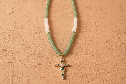 Pink green cross pendant necklace - rose quartz amazonite crystal zirconia