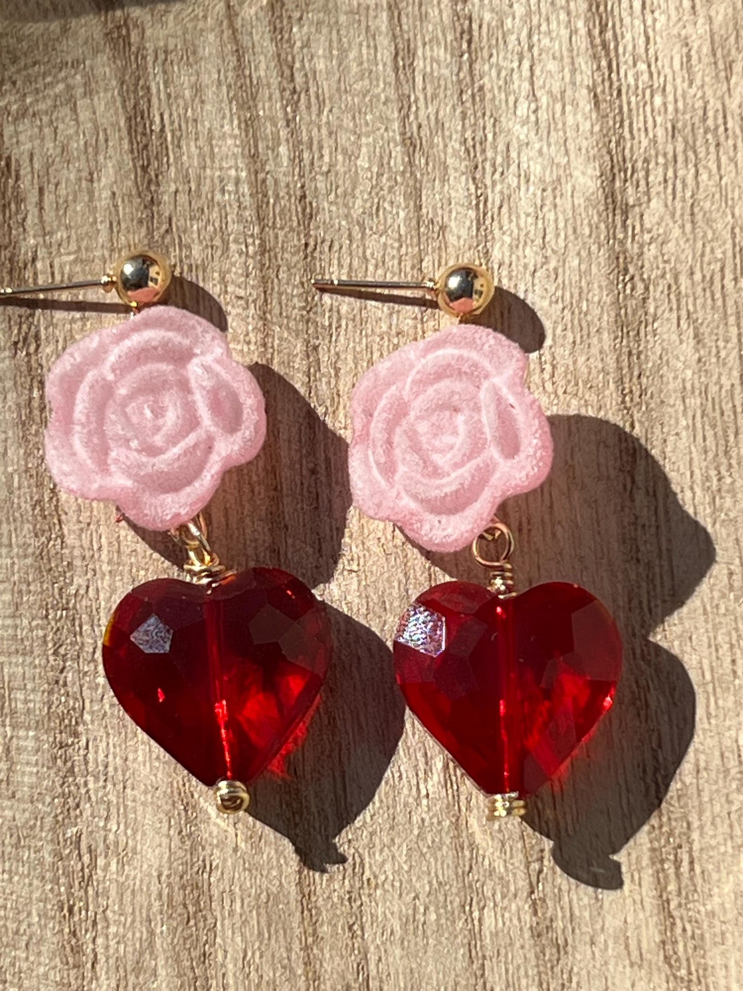 Pink heart flower crystal earrings lightweight gift