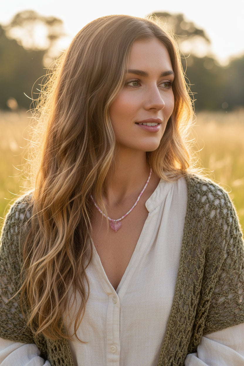 Pink heart necklace - beaded romantic gift for girlfriend teen girl