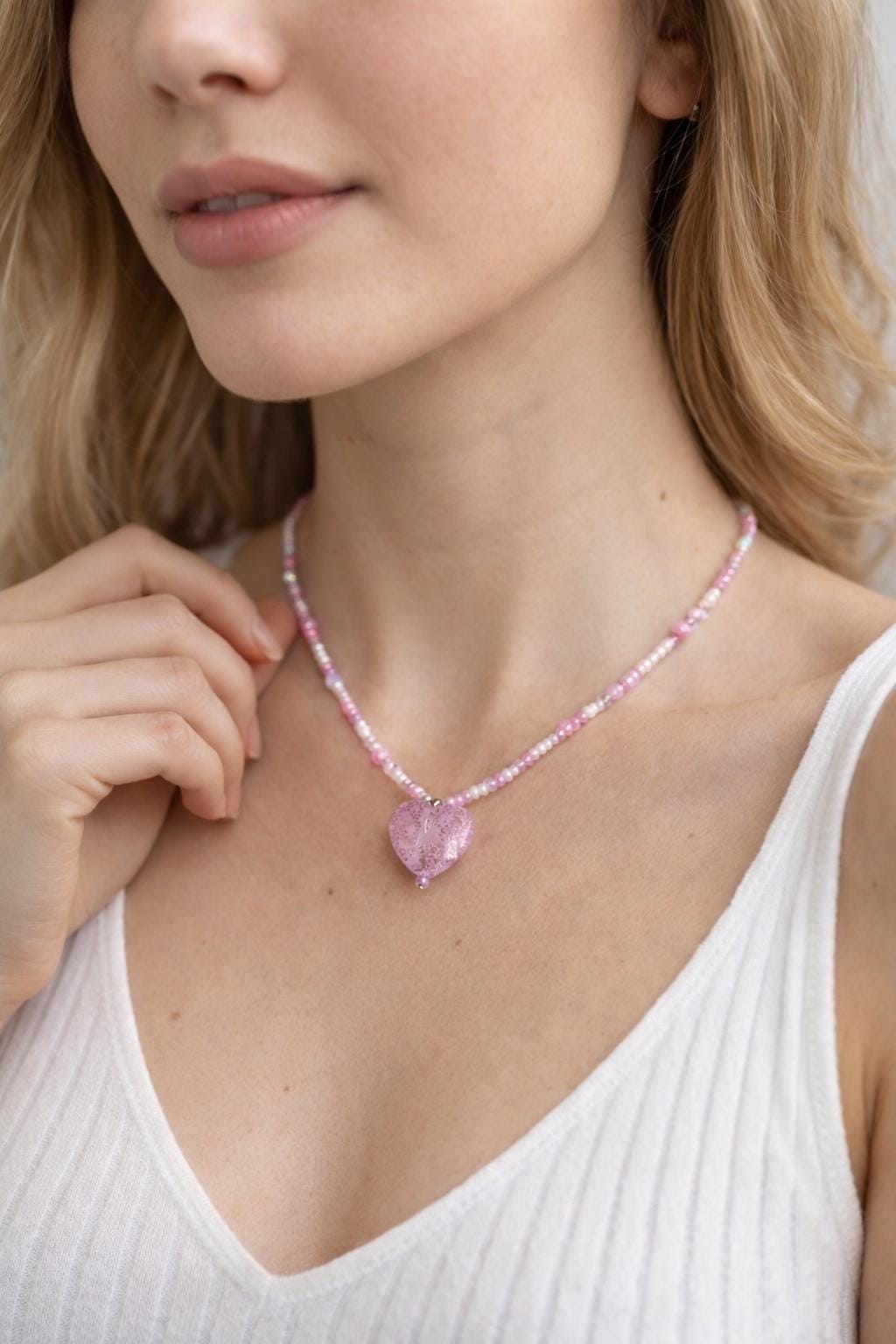 Pink heart necklace - beaded romantic jewelry dainty design