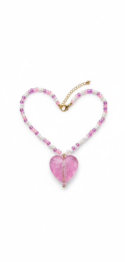 Pink heart necklace beaded - Valentine's Day gift for her handmade