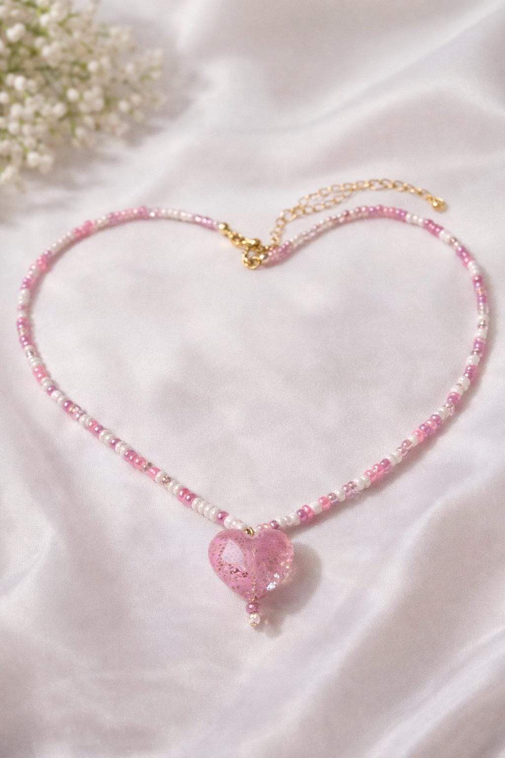Pink heart necklace close up - beaded heart pendant romantic gift