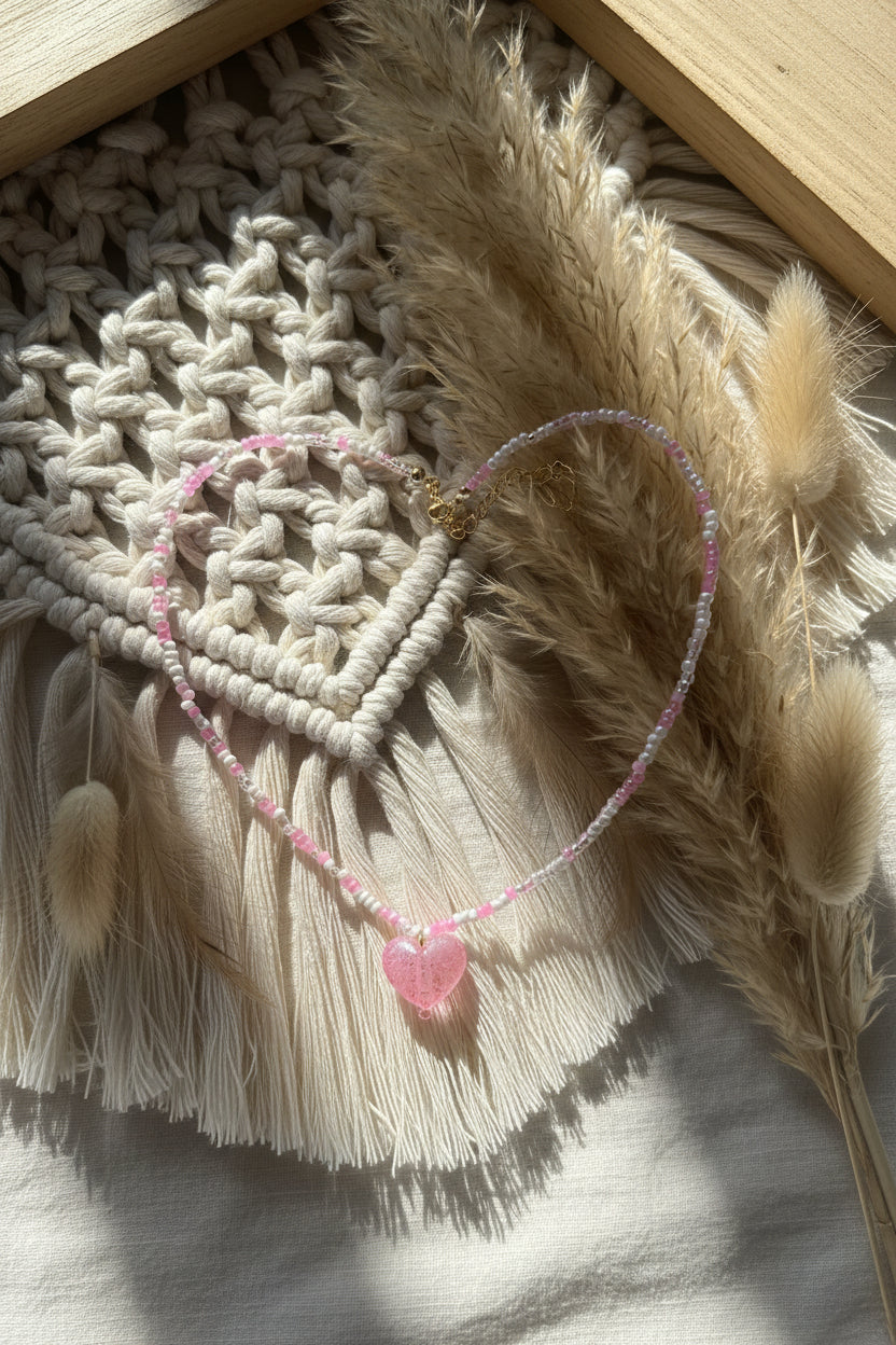 Pink heart necklace detail - handmade beaded Valentine's Day jewelry